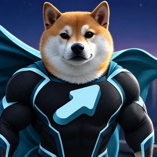 Portrait of Launch Inu in a black suit with a cyan cape and an up-arrow chest emblem